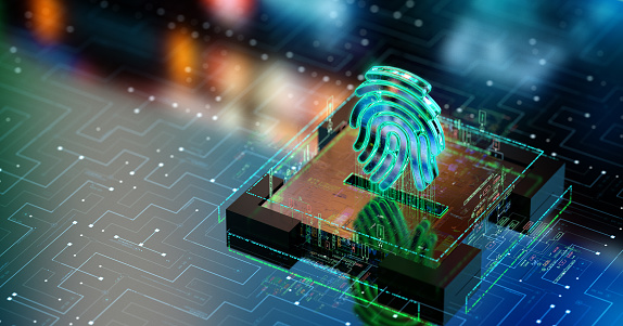 Biometric fingerprint authentication. Biometric safety concept. Modern futuristic technology background. Fingerprint icon over CPU. CGI 3D render