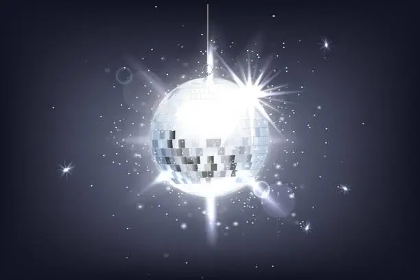 Vector illustration of White mirror disco ball. Lights reflection. Silver sparkles. DJ discotheque. Glitter shine. Glow halo sphere for glamour night party. Hanging discoball. Vector illustration background