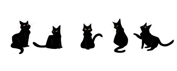 Vector illustration of Black cats. Cute kitties in different poses. Domestic animals silhouette set. Feline breed, isolated pets various positions. Standing funny pussycat with yellow eyes. Vector illustration