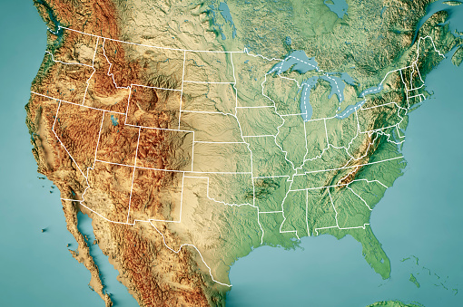 3D Render of a Topographic Map of the United States of America.  \nAll source data is in the public domain.\nColor texture: Made with Natural Earth.\nhttp://www.naturalearthdata.com/downloads/10m-raster-data/10m-cross-blend-hypso/\nRelief texture: GMTED 2010 data courtesy of USGS. URL of source image:\nhttps://topotools.cr.usgs.gov/gmted_viewer/viewer.htm\nWater texture: SRTM Water Body SWDB: https://dds.cr.usgs.gov/srtm/version2_1/SWBD/