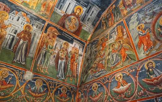 Othodox frescoes in a monastery Sveta Bogoridica, village of Slivnitza near the lake Prespa in Macedonia .