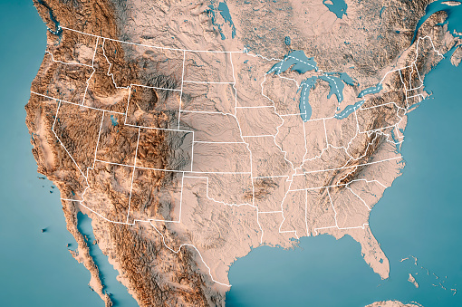 3D Render of a Topographic Map of the United States of America.  
All source data is in the public domain.
Color texture: Made with Natural Earth.
http://www.naturalearthdata.com/downloads/10m-raster-data/10m-cross-blend-hypso/
Relief texture: GMTED 2010 data courtesy of USGS. URL of source image:
https://topotools.cr.usgs.gov/gmted_viewer/viewer.htm
Water texture: SRTM Water Body SWDB: https://dds.cr.usgs.gov/srtm/version2_1/SWBD/