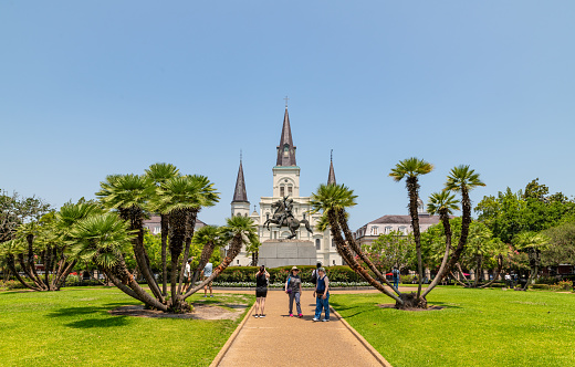 New Orleans, USA. 9 June 2023. Plants in front of St. Louis Cathedral in central New Orleans