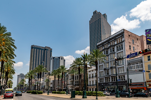 New Orleans, USA. 9 June 2023. New Orleans City Center with palm trees.