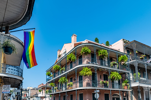 New Orleans, USA. 9 June 2023. LGBT Pride flag on a building in New Orleans