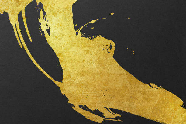 istock Japanese style abstract background with space for text. Gold curved brush strokes on the left. Dark vintage style template. black background. 1500035149