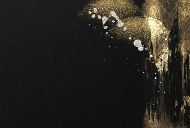 istock Japanese style abstract background with space for text. Gold curved brush strokes on the left. Dark vintage style template. black background. 1500035165