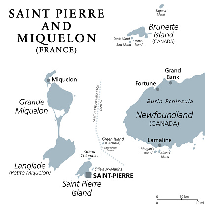 Saint Pierre and Miquelon, gray political map. Archipelago and self-governing territorial overseas collectivity of France in the North Atlantic, near Canadian province of Newfoundland and Labrador.