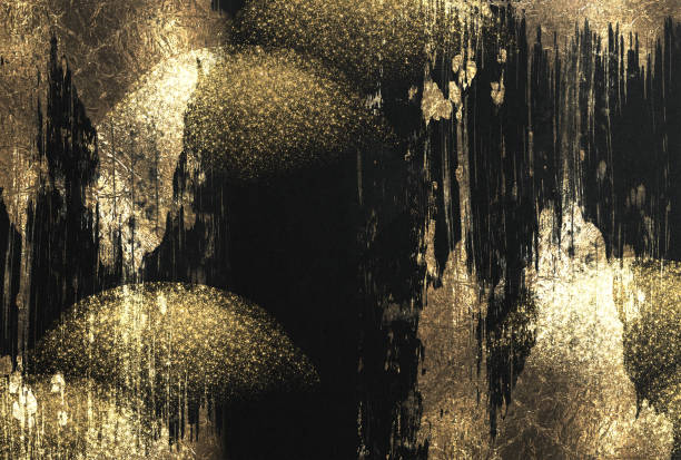 istock Japanese style abstract background with space for text. Gold curved brush strokes on the left. Dark vintage style template. black background. 1500038469