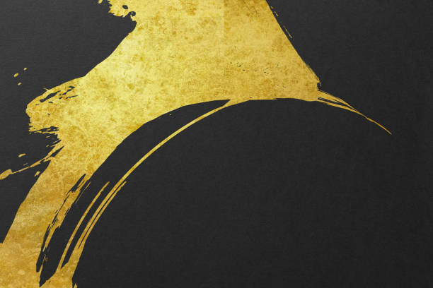 Japanese style abstract background with space for text. Gold curved brush strokes on the left. Dark vintage style template. black background.
