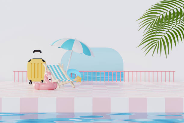 istock 3D render Summer vacation abstract product display, Minimal Realistic Display Podium in the blue ocean sea background concept, Cosmetics with tropical summer island, umbrella, inflatable ring. 1500039300