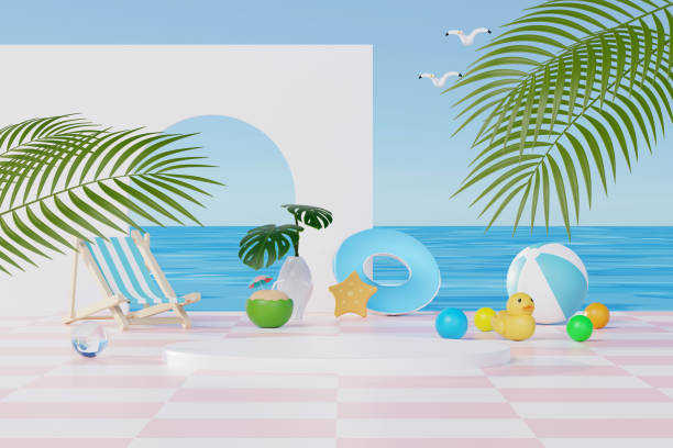 istock 3D render Summer vacation abstract product display, Minimal Realistic Display Podium in the blue ocean sea background concept, Cosmetics with tropical summer island, umbrella, inflatable ring. 1500039307