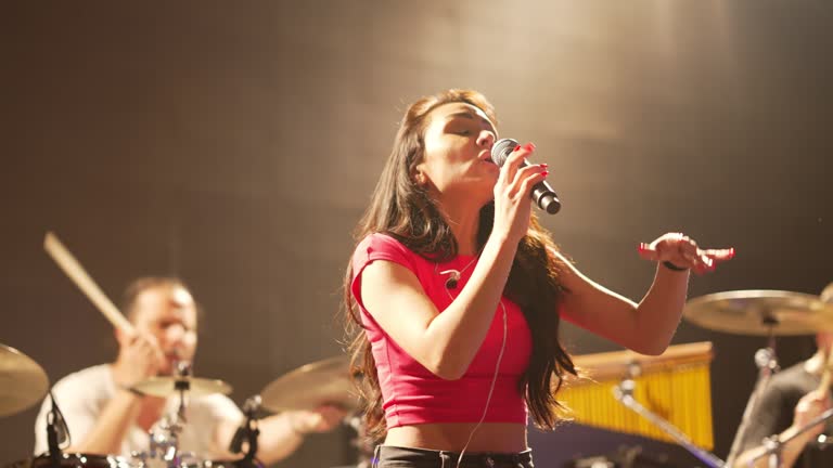 Musician singing, performing  on nightclub stage