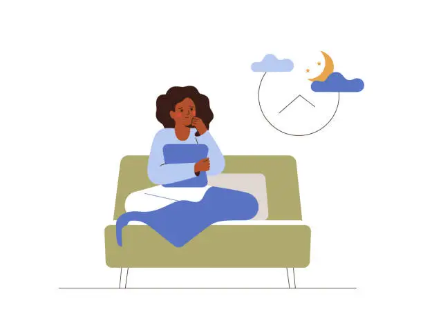 Vector illustration of Worried woman sits on the bed at night and looks at alarm clock. Young girl suffers from insomnia.