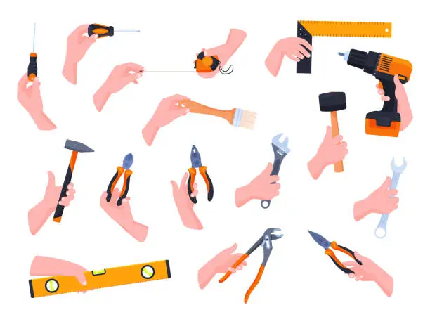 Vector illustration of Human hands with different carpentry construction tools instruments set isometric vector