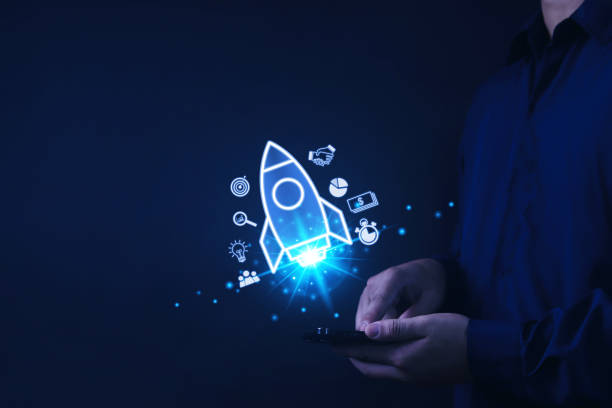 istock businessman with transparent icon rocket launch and fly with icon 1500041229