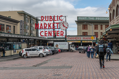 Public Market Center sign over the Pike Street Entrance to Pike Place Market, Seattle, USA