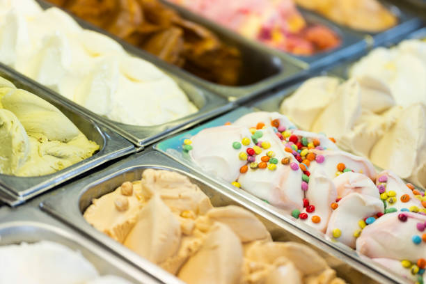 istock Ice cream display case with lots of trays with different flavors 1500043239