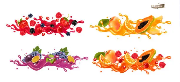 Vector illustration of Whole and slice of berries and fruit in a jiuce.  Strawberries, raspberries, cherries, blueberries, passion fruit, banana, mango, papaya, kiwi in a wave of juice with splashes. Vector set.