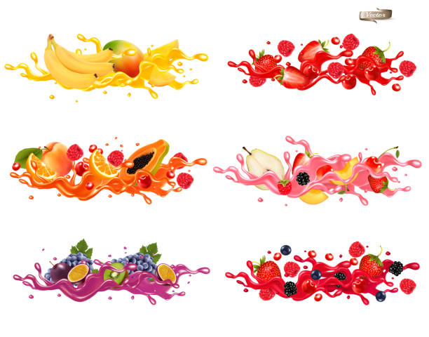 istock Whole and slice of berries and fruit in a jiuce.  Strawberries, raspberries, cherries, blueberries, passion fruit, banana, mango, papaya, kiwi in a wave of juice with splashes. Vector set. 1500047087