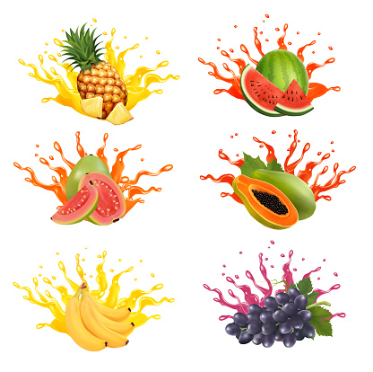 Set of fruits and vegetables in juice splashes. Watermelon,  pineapple, grape. papaya, banana, guava, grape in water splash and drops. Vector illustration.