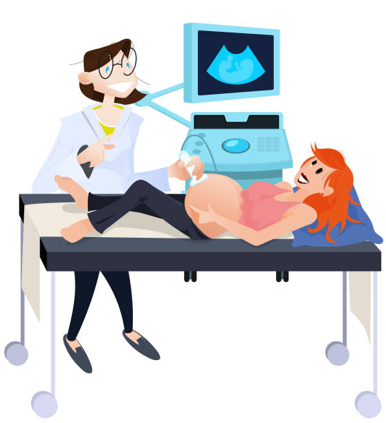 ilustrações de stock, clip art, desenhos animados e ícones de ultrassound. radiology. a caring doctor and an expectant mother embrace the joy of pregnancy in an ultrasound room - doctor vector radiologist happiness