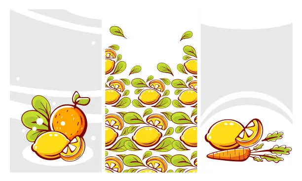 Vector illustration of A set of vector patterns in cartoon style on the theme of citrus fruits and healthy food.