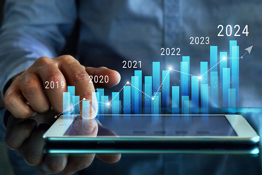 Column chart with company progress and growth by year, 2024, businessman calculates financial data for long term investments.