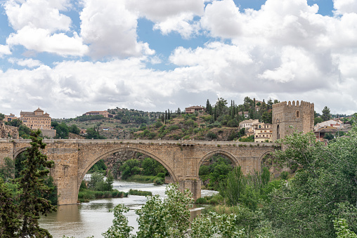 Aerial view of the San Martin Bridge over the Tagus river at Toledo city, Spain.