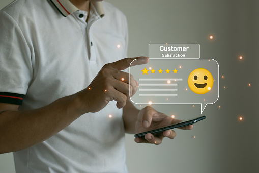 Phone Satisfaction Note Man Using A Smartphone To Rate Service Satisfaction Through A ...