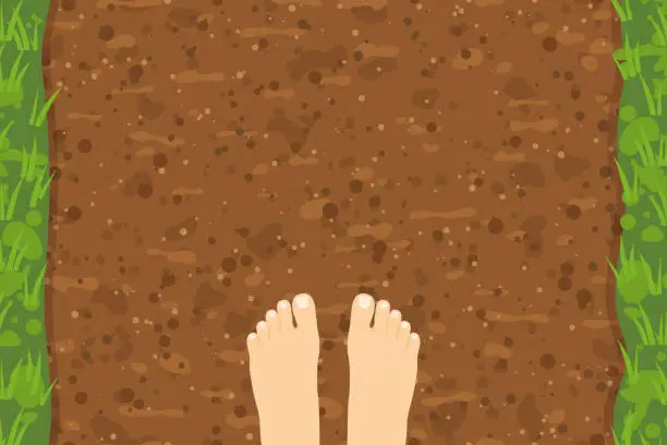 Vector illustration of bare feet on dirt road; barefoot running concept; freedom