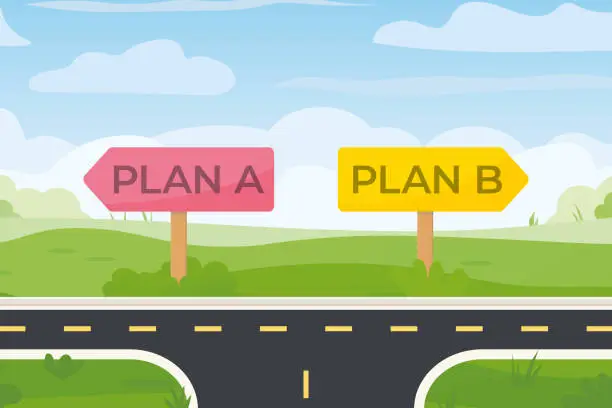 Vector illustration of crossroad with plan A and plan B sign boards; concept of career, life path; making decisions