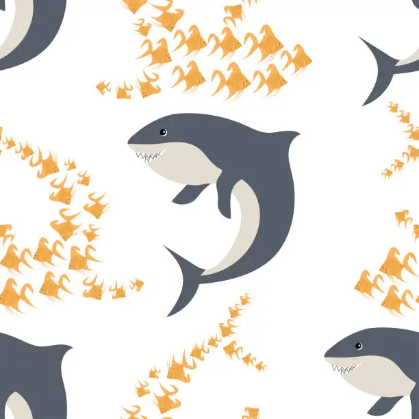 Vector illustration of Cartoon shark with fish seamless pattern