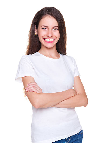 istock woman in white t-shirt standing 150005600