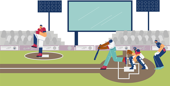 Baseball game in stadium with characters of players hitting the ball with bats and making throw, flat cartoon vector illustration. Baseball sport game background.