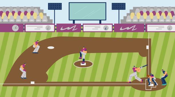 illustrazioni stock, clip art, cartoni animati e icone di tendenza di gioco di baseball sullo stile piatto della scena dello stadio, illustrazione vettoriale - baseballs baseball stadium athlete