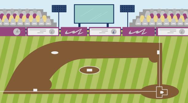 puste boisko do baseballu z trybunami, płaska ilustracja wektorowa. - baseball baseball diamond grass baseballs stock illustrations