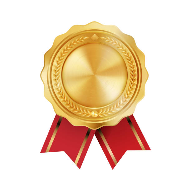 白い背景に赤いリボンのロゼットを持つ光沢のあるリアルな空の金賞メダル。勝者と業績の象徴。 - plate motivation white white background点のイラスト素材／クリップアート素材／マンガ素材／アイコン素材