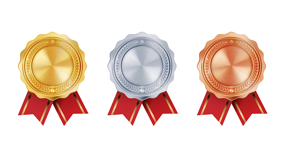 Shiny gold, silver, and bronze award medals with red ribbon rosettes. Vector collection on white background. symbol of winners and achievements