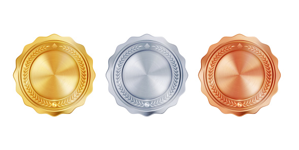 Blank medal templates in gold, silver, and bronze. Versatile designs for custom awards and creative projects.