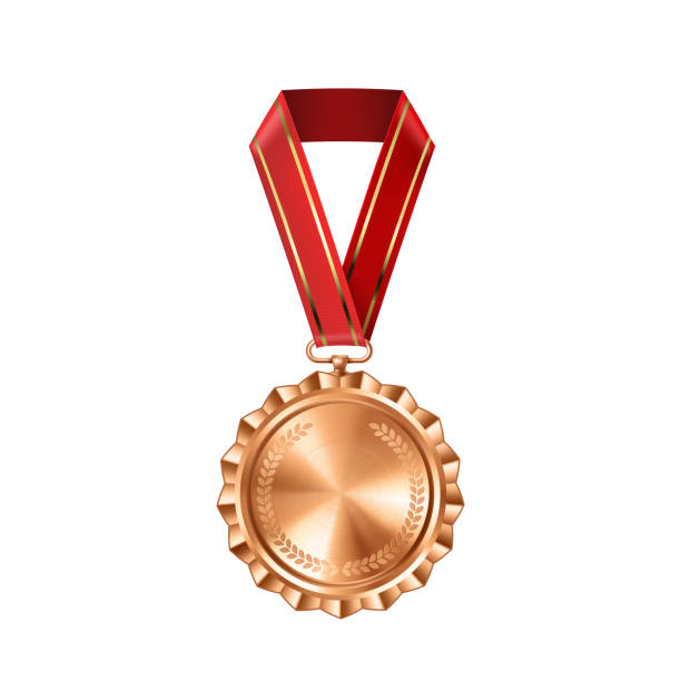 istock Realistic bronze empty medal on red ribbon. Sports competition awards for third place. Championship reward for victories and achievements 1500057427