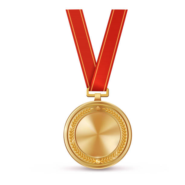 istock Realistic gold empty medal on red ribbon. Sports competition awards for first place. Championship reward for victories and achievements 1500057441