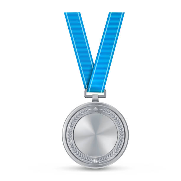 istock Realistic silver empty medal on blue ribbon. Sports competition awards for second place. Championship reward for victories and achievements 1500057446