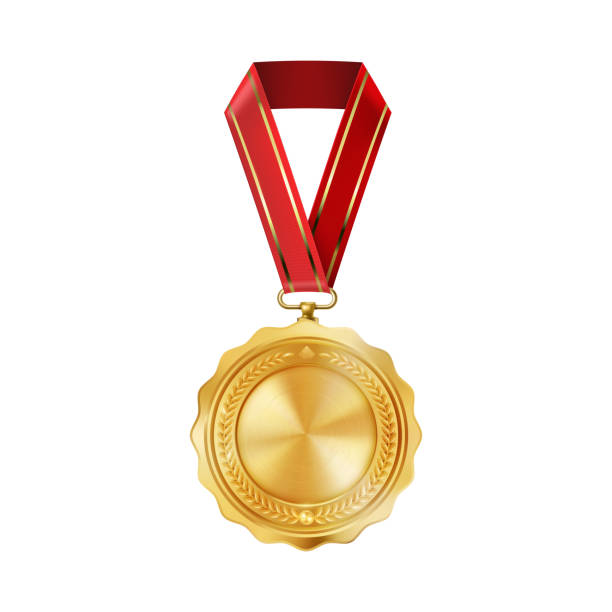istock Realistic gold empty medal on red ribbon. Sports competition awards for first place. Championship reward for victories and achievements 1500057458