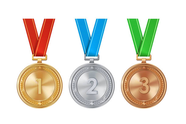 ilustraciones, imágenes clip art, dibujos animados e iconos de stock de conjunto realista de medallas de oro, plata y bronce en cintas de colores. premios de competencia deportiva para el 1er, 2do y 3er lugar. recompensas de campeonato por logros y victorias. - silver medal award ribbon green