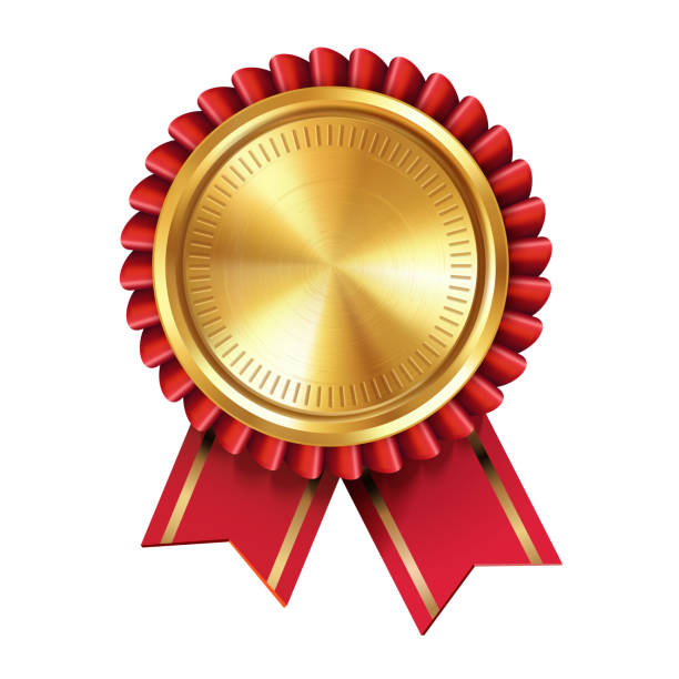 白い背景に赤いリボンのロゼットを持つ光沢のあるリアルな空の金賞メダル。勝者と業績の象徴。 - plate motivation white white background点のイラスト素材／クリップアート素材／マンガ素材／アイコン素材