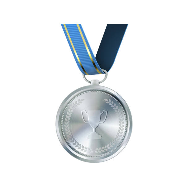 istock Realistic silver medal on blue ribbon. Sports competition awards for second place. Championship rewards for achievements and victories. 1500057475