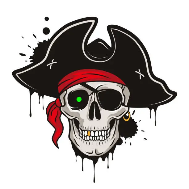 Vector illustration of Pirate skull with a hat, red bandana, green glowing eyes. Vector hand drawn cartoon illustration isolated on white background