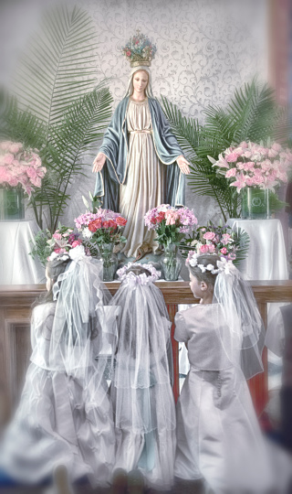 Crowning of Virgin Mary with little girls