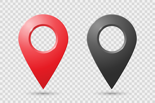 Realistic geolocation icons in red and black on a transparent background. A set of geolocation map pin code icons. Vector EPS 10.